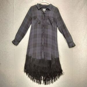 Rails Shirt Dress Womens Sz XS Flannel Black Gray Plaid Long Sleeve Fringe Hem